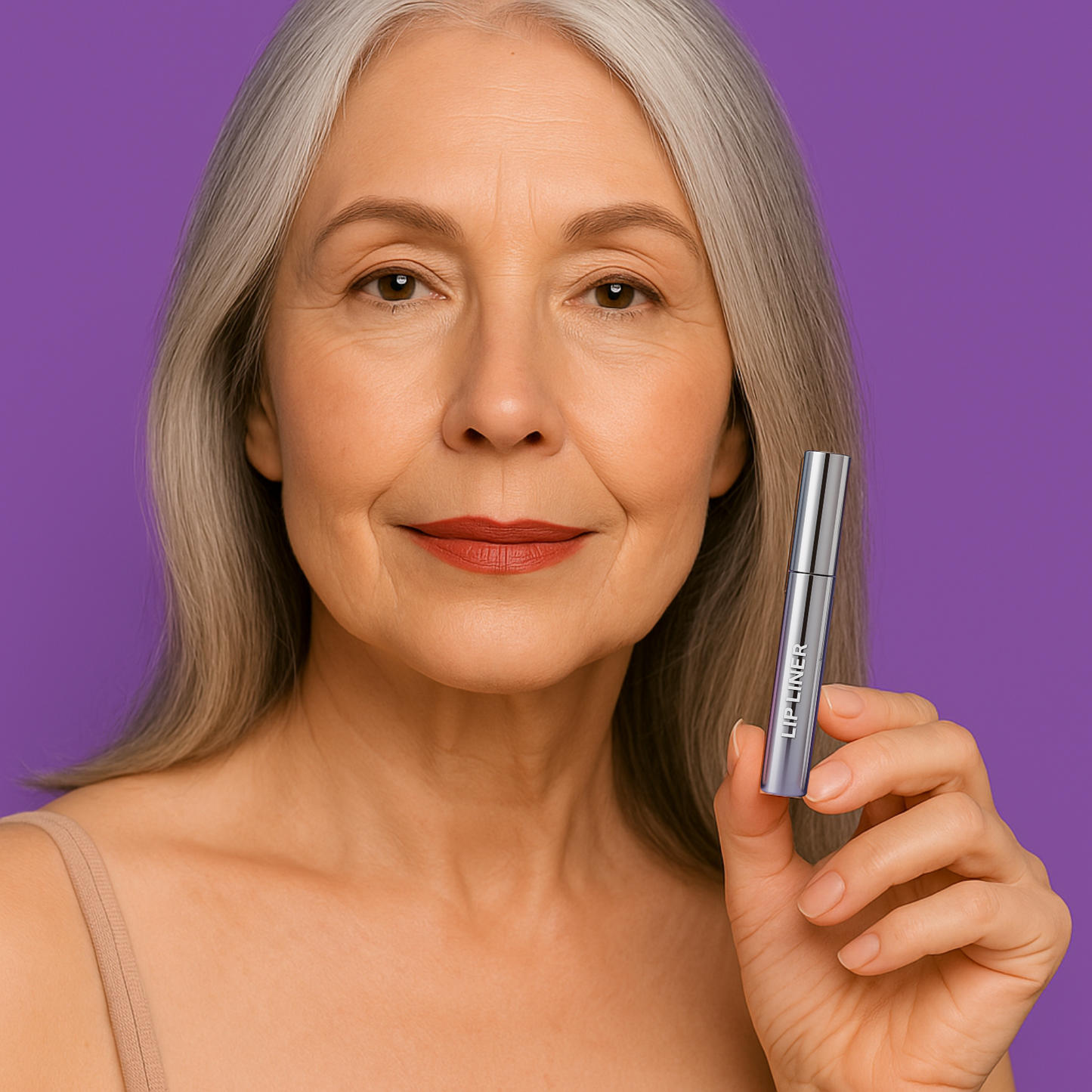 Woman showcasing LipCult Peel Off Lip-Liner Stain against a vibrant purple background.