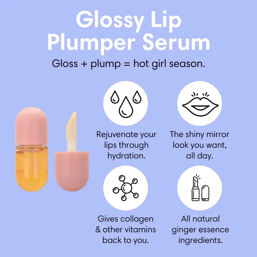 Glossy Lip Plumper Serum in pink packaging, enhances lip hydration and shine with natural ingredients.