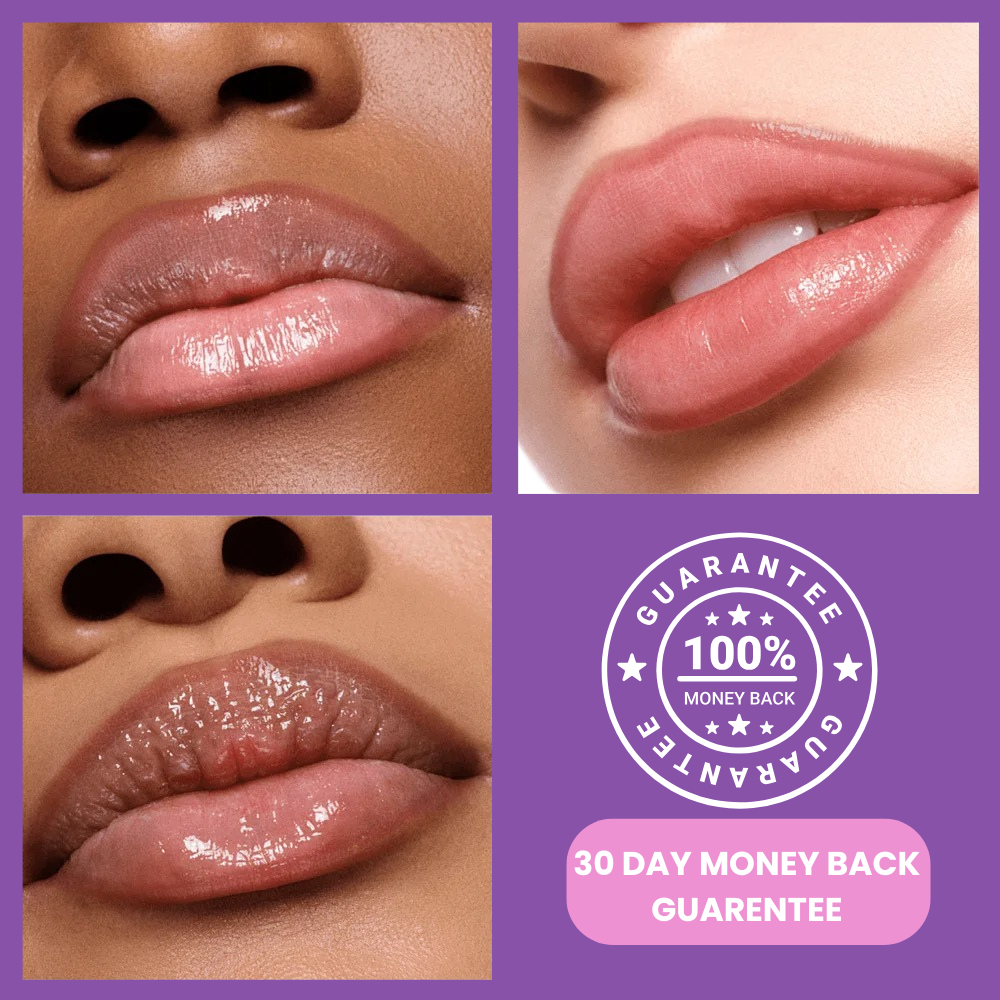 Close-up images of lips showcasing different shades of lip products with a 100% money-back guarantee badge.